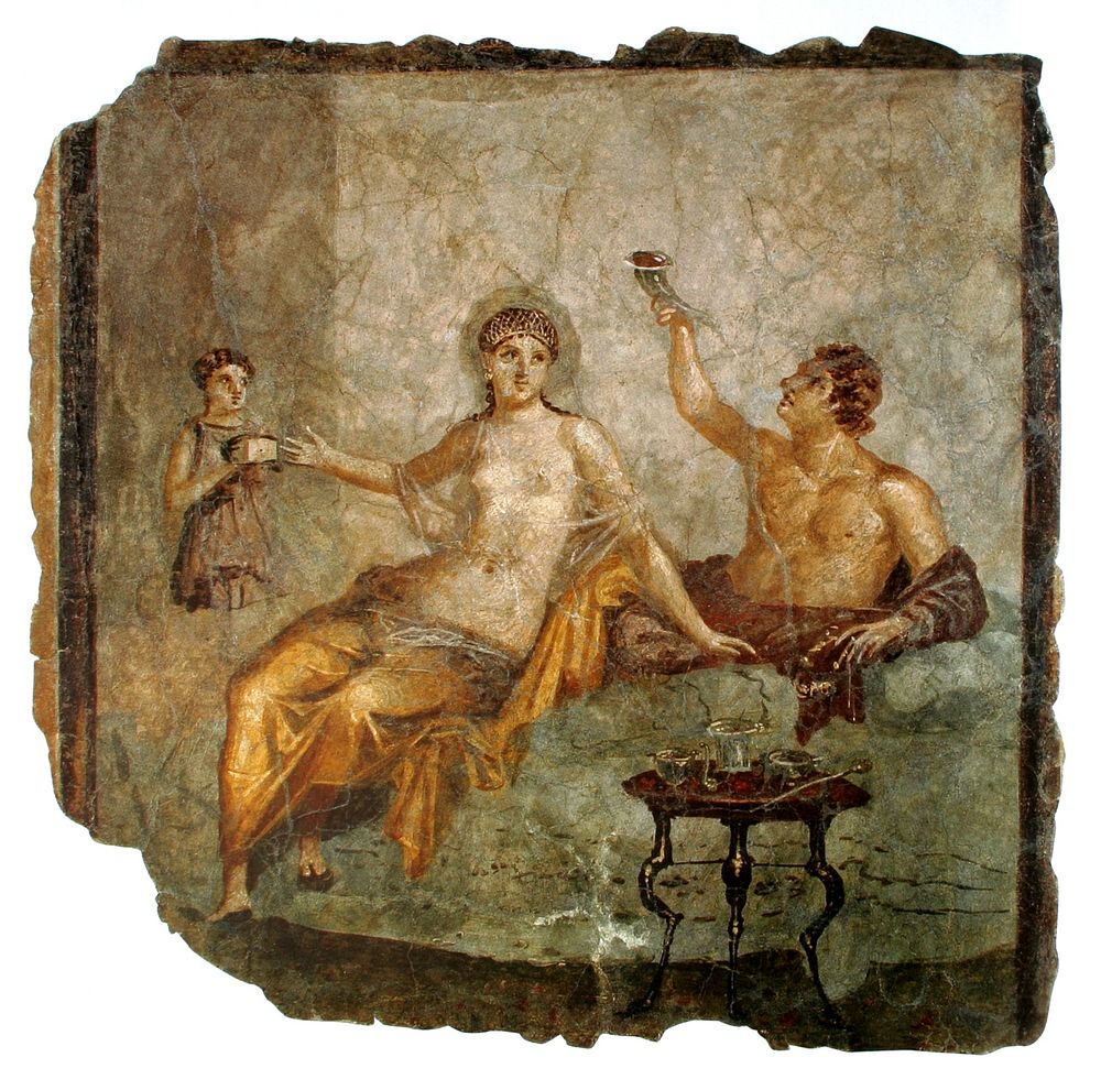 A late Roman-Republican banquet scene in a fresco from Herculaneum, Italy. 59 x 53 cm. The woman wears a transparent silk…