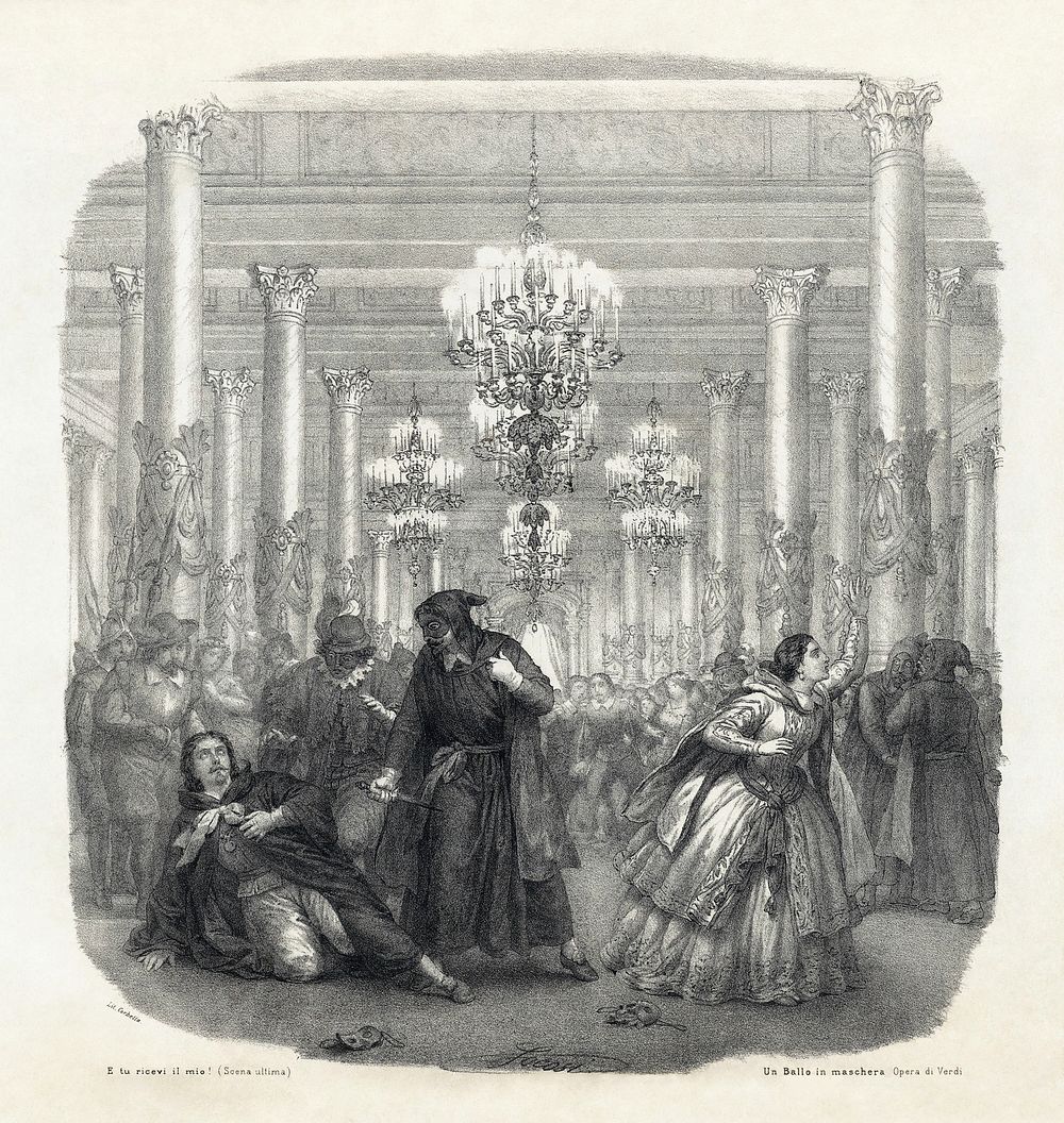Frontispiece to the 1860 vocal score of Giuseppe Verdi's Un Ballo in maschera published by Ricordi, showing the final scene…