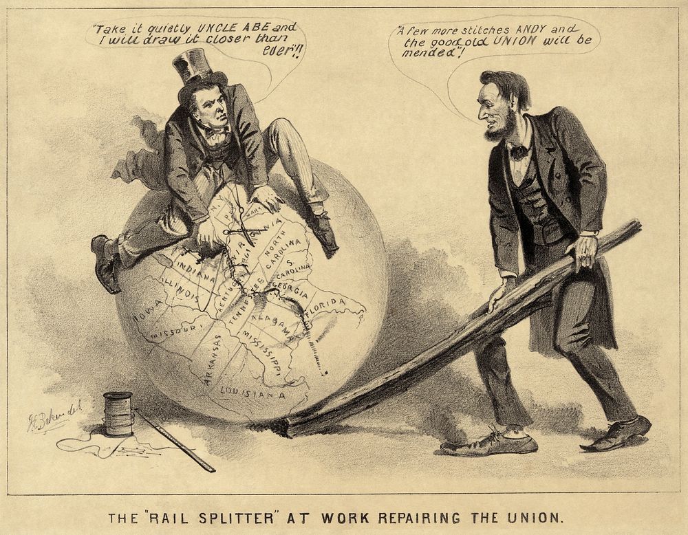 "The Rail Splitter Repairing the Union" — a political cartoon of Andrew Johnson and Abraham Lincoln from 1865, during the…
