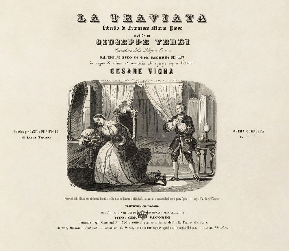 Title page of Verdi, Giuseppe, 1813-1901. [Traviata. Vocal score]. La traviata / libretto di Francesco Maria Piave ; musica…