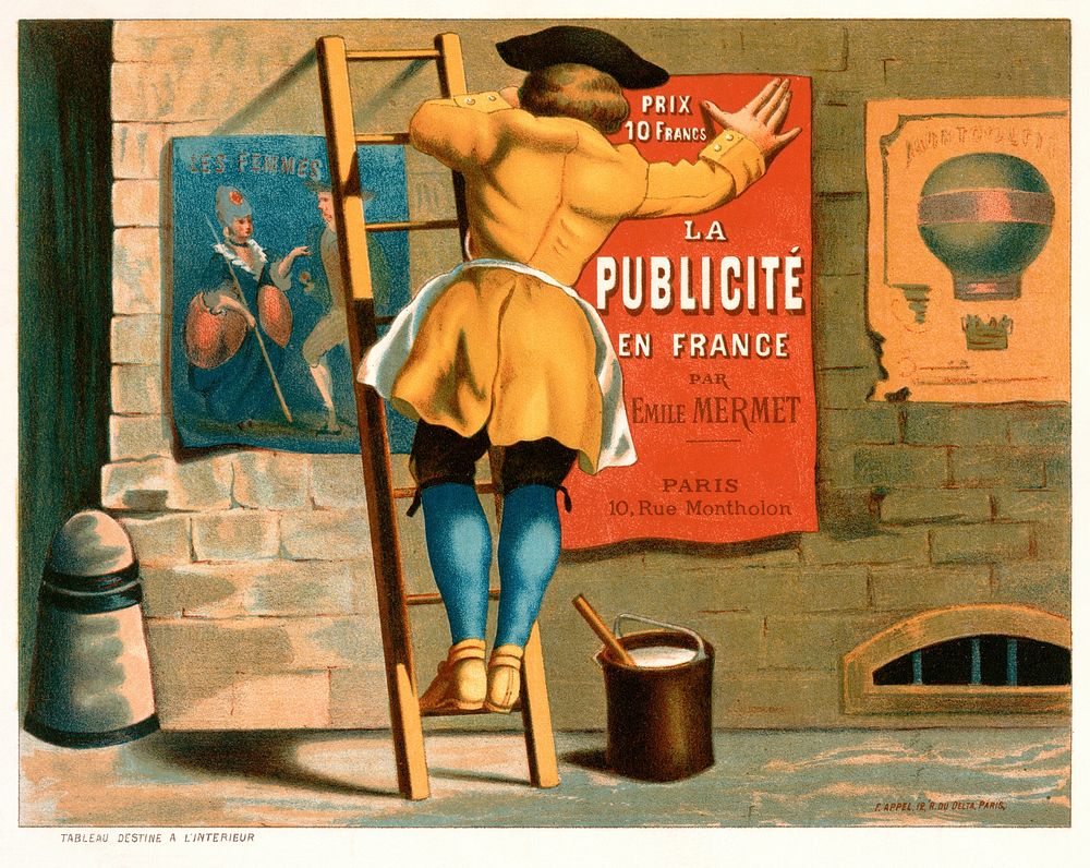 Man posting an advertisement for "La publicité en France par Emile Mermet" on a city wall between a poster of two people…