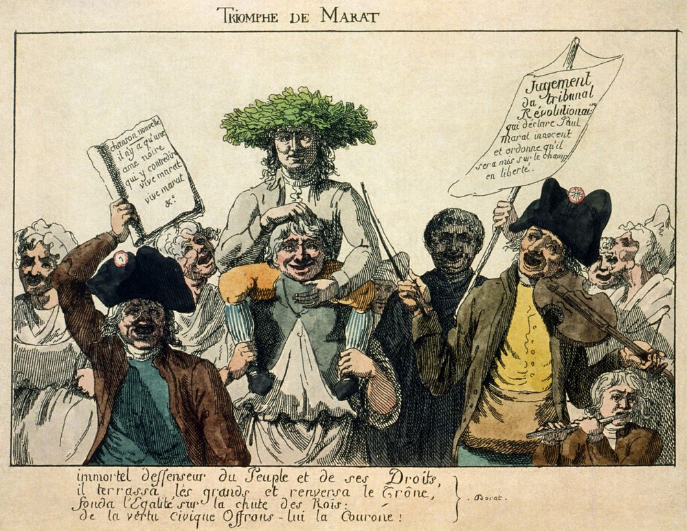 Jean-Paul Marat with crown of laurel leaves carried on shoulders of man around whom others are crowded; celebrating his…
