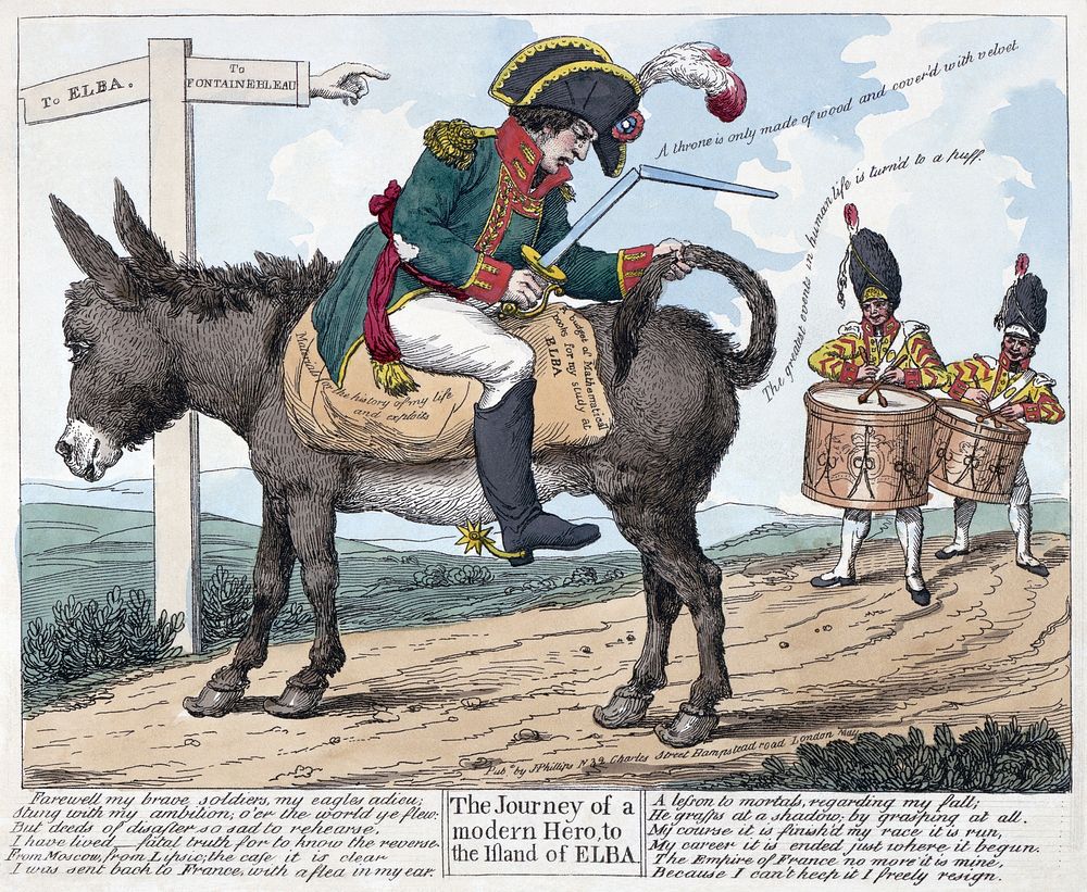 Print shows Napoleon I seated backwards on a donkey on the road "to Elba" from Fontainebleau; he holds a broken sword in one…
