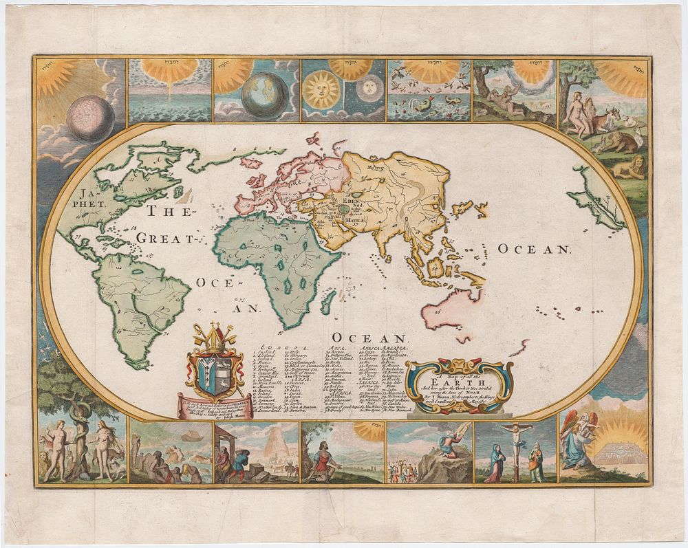 Moxan’s Map with a view of the world as known in 1681. The seven days of creation are illustrated in the panels at the top…