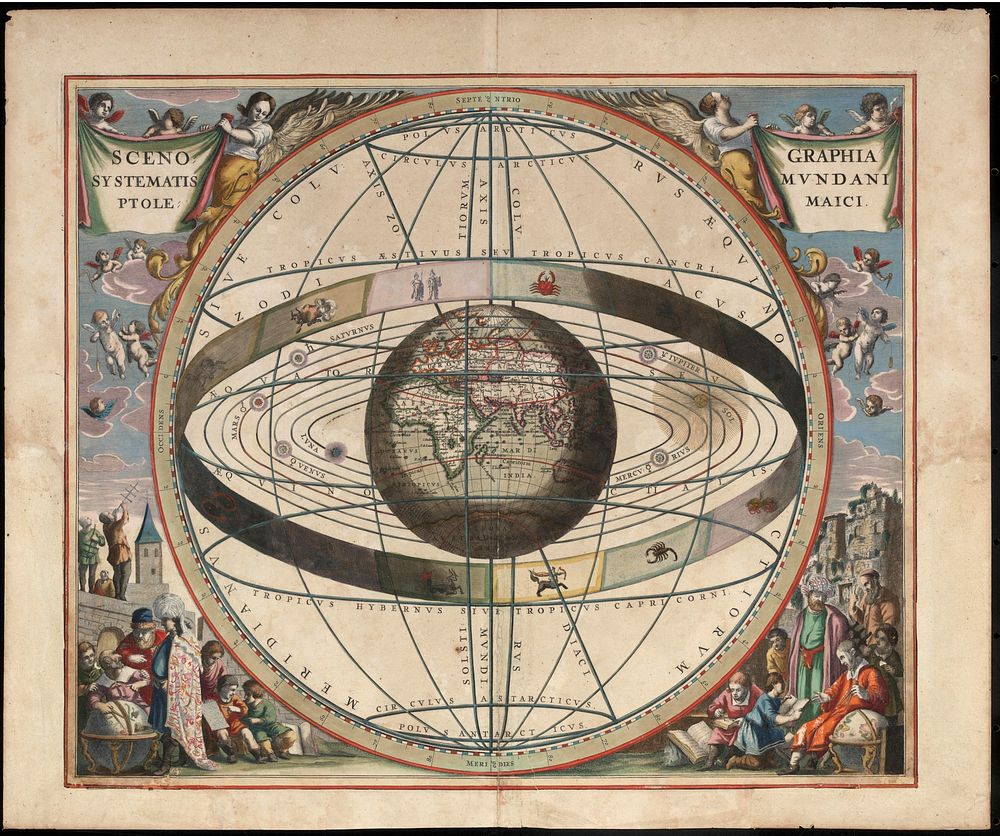 From Andreas Cellarius Harmonia Macrocosmica, 1660/61. Chart showing signs of the zodiac and the solar system with world at…