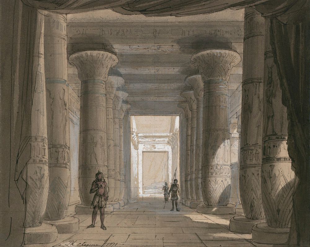 Set design for Act 1 tableau 2 ("Temple of Vulcan") of Verdi's opera Aida as first performed at the Cairo Opera House on 24…