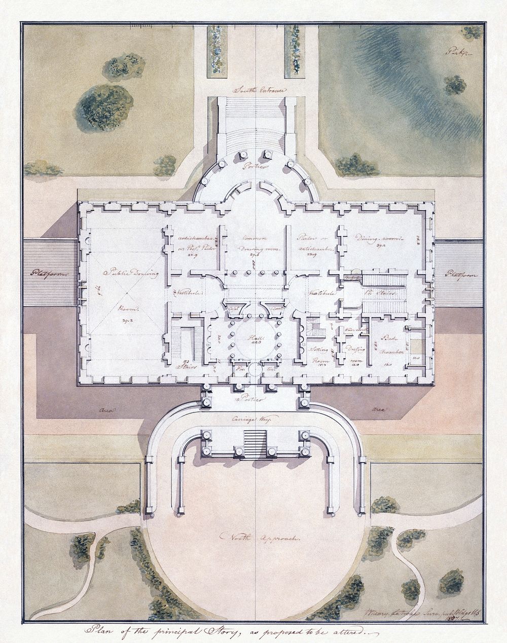 The White House, Washington, D.C. Site plan and principal story plan, architectural design.