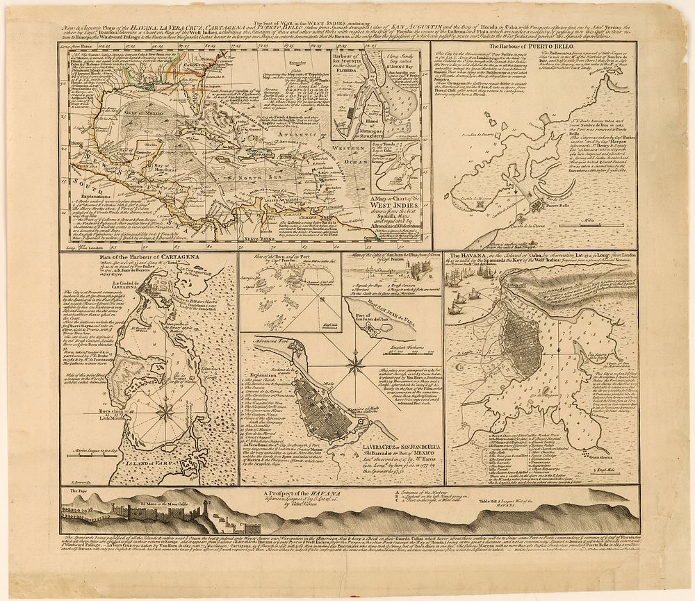 English pamphlet with maps of the Caribbean and main Spanish cities in the region, published in 1740 to build public support…