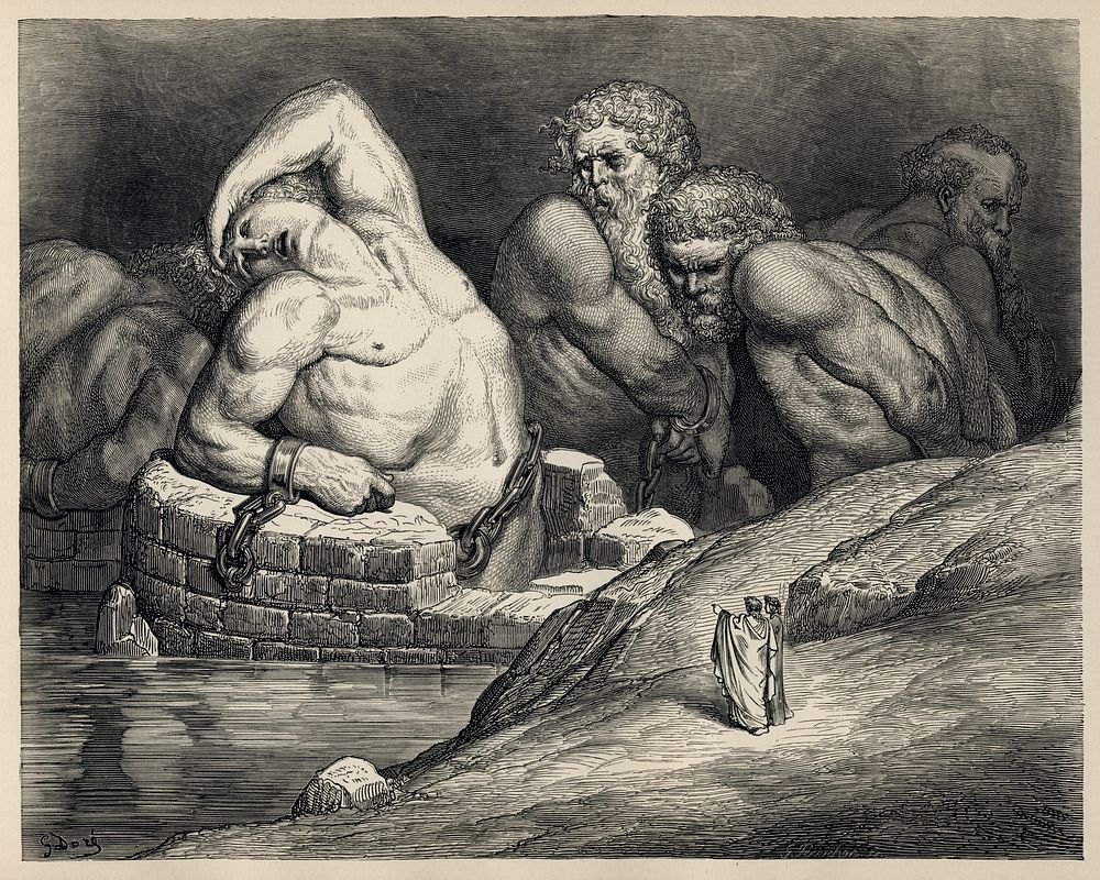 Gustave Doré's illustrations to Dante's Inferno, Plate LXV: Canto XXXI: The titans and giants. "This proud one wished to…