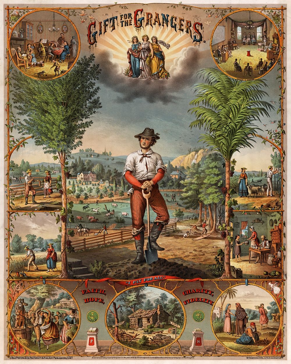 "Gift for the Grangers", 1873 print promoting U.S. farmers' organization. The upper left inset shows "Farmer's fireside"…