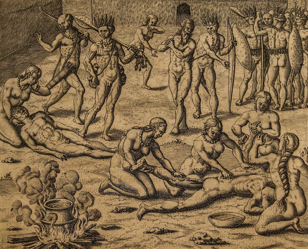 Cannibalism in Brazil in 1557 as described by Hans Staden (b. around 1525 – Wolfhagen, 1579). Gravure de Théodore de Bry…
