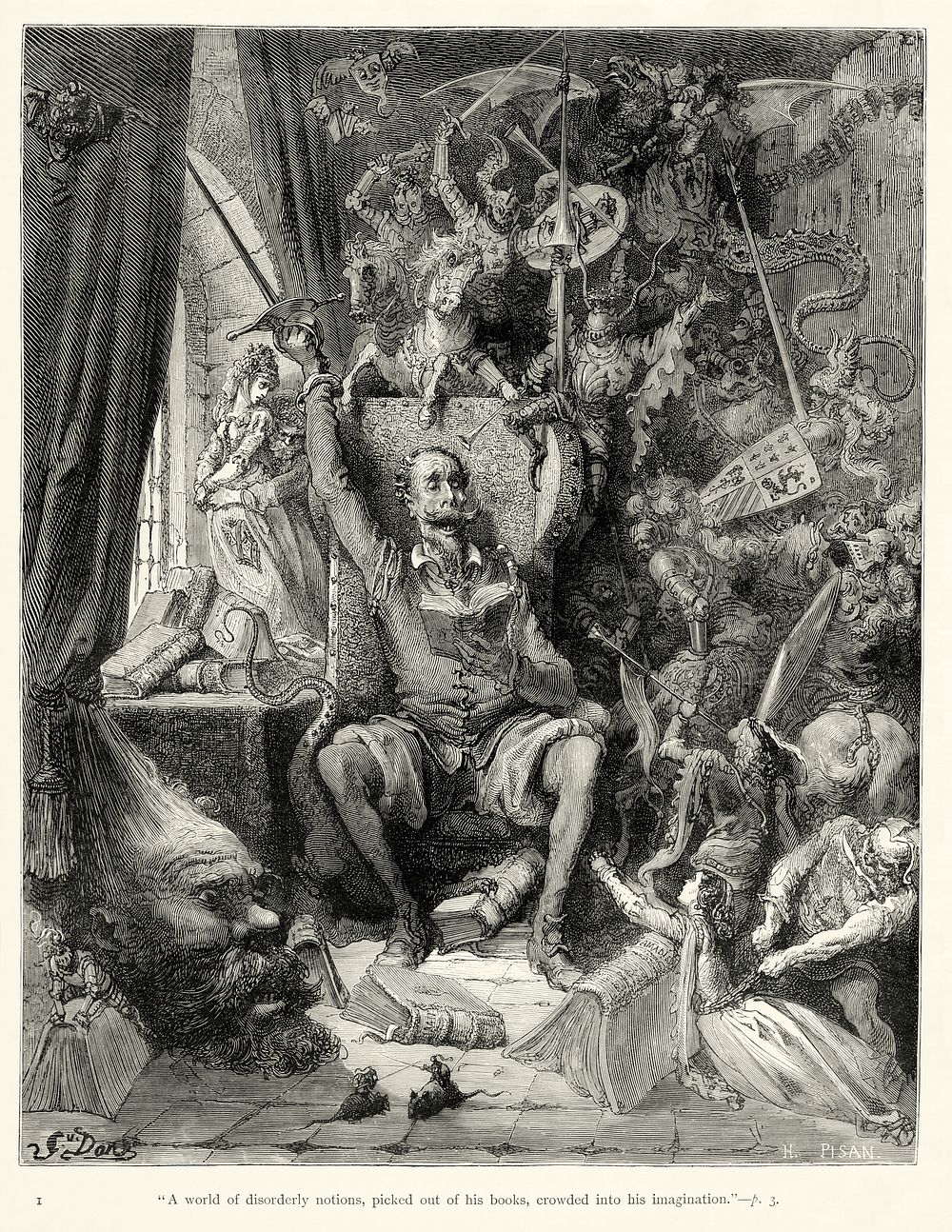 Plate I of Gustave Doré's illustrations to Miguel de Cervantes' Don Quixote. From Chapter I.The ordering of images in this…