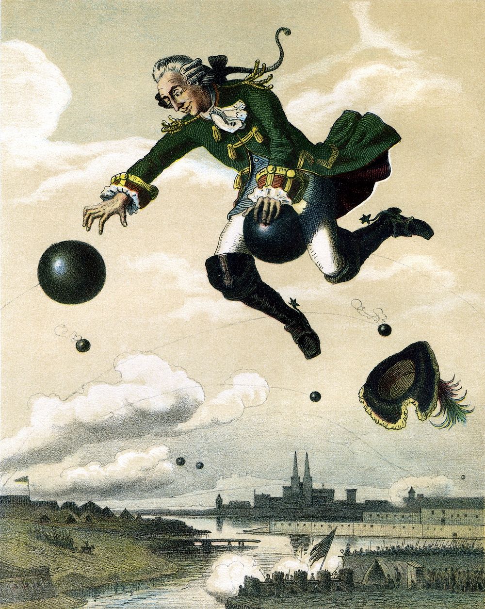 Baron von Münchhausen's flight on a cannonball.