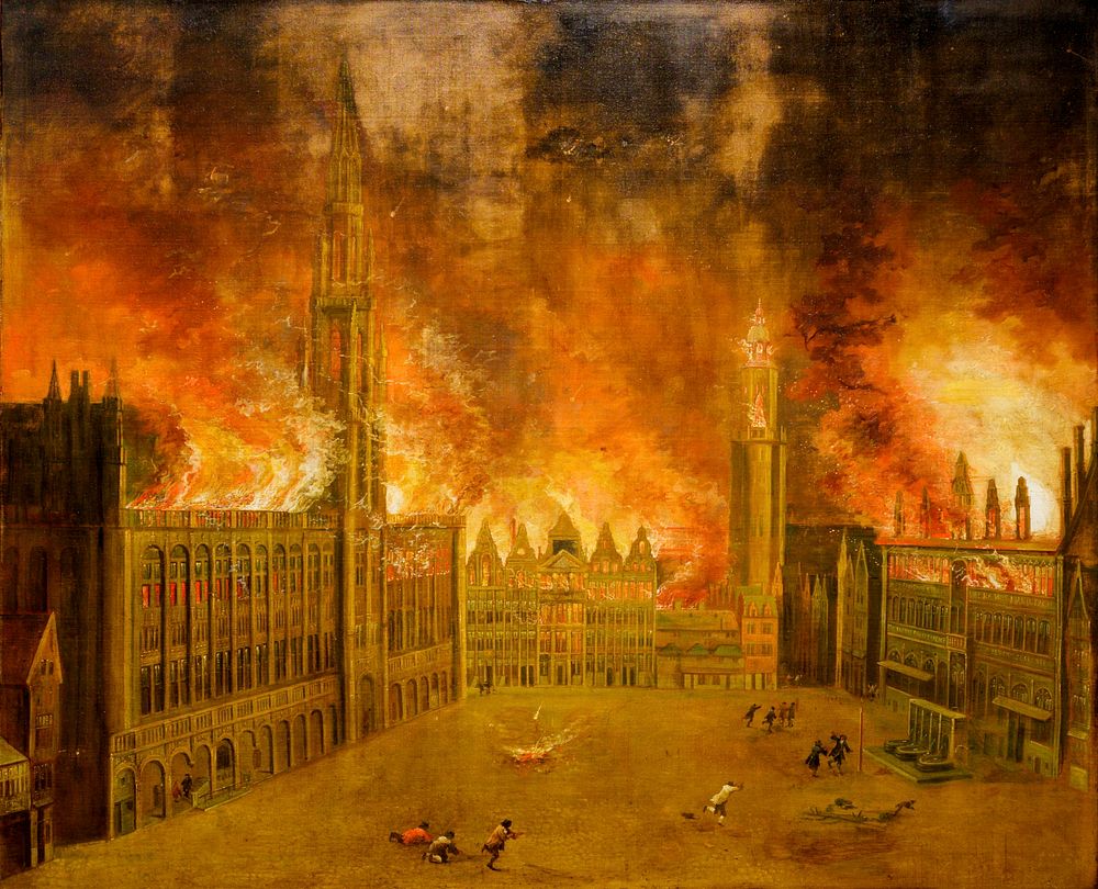 The Bombardment - Anonymous (1695) - The Grand Place on fire during the night of August 13th to 14th, 1695. 146 x 180 cm…