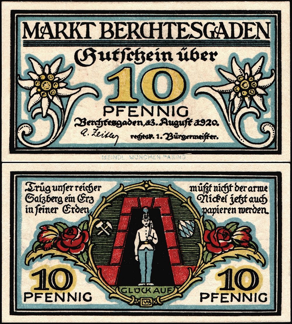 10 Pfennig "Notgeld" banknote (1920) of Berchtesgaden, size: 51 mm x 91 mm.