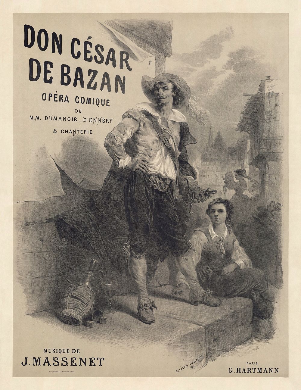 Poster for the première of Jules Massenet's Don César de Bazan, published by G[eorges]. Hartmann, printed by Imp. Lemercier…
