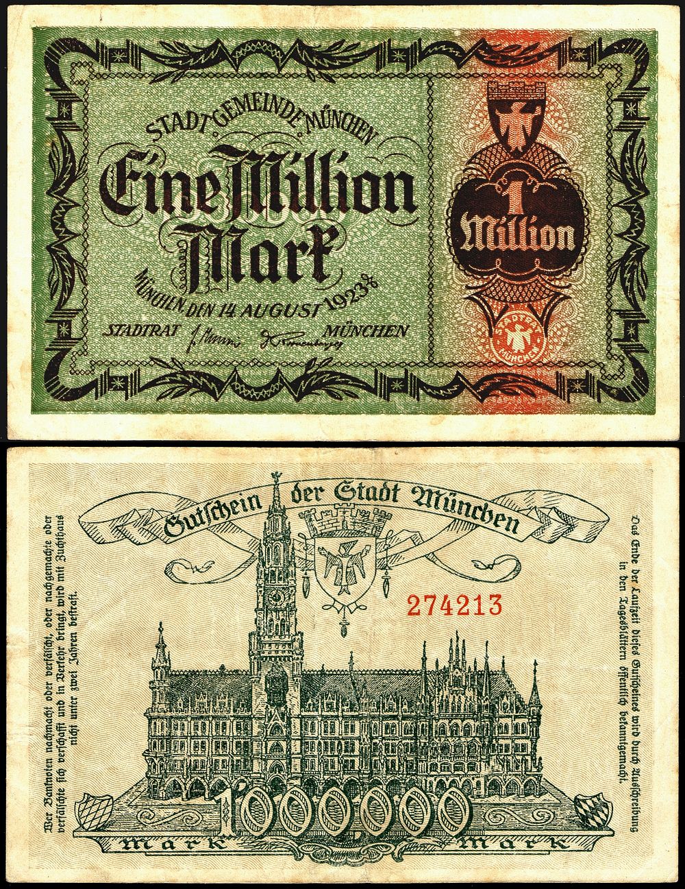 "Notgeld" banknote: one million Mark, Munich (1923), size: 91 mm x 140 mm.