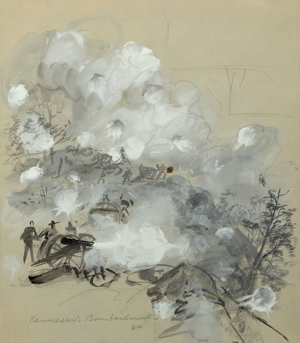 "Kennesaw's Bombardment, 64" "1 drawing on light gray paper : pencil, Chinese white, and black ink wash" Digitized from…