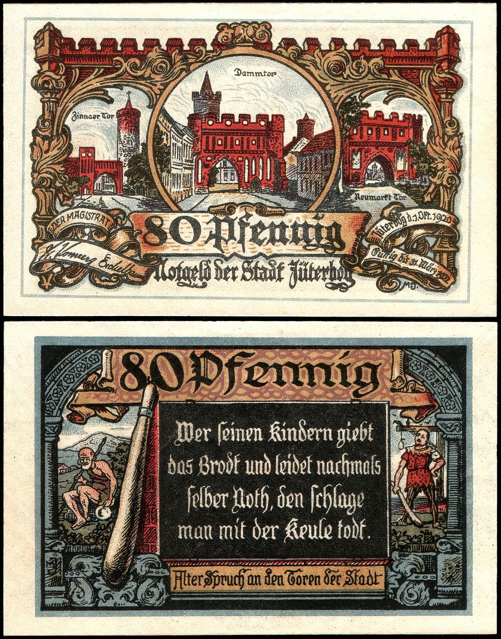 80 Pfennig Notgeld banknote issued by the Town of Jüterbog, dated Oct. 1, 1920, size: 63 mm x 100 mm.