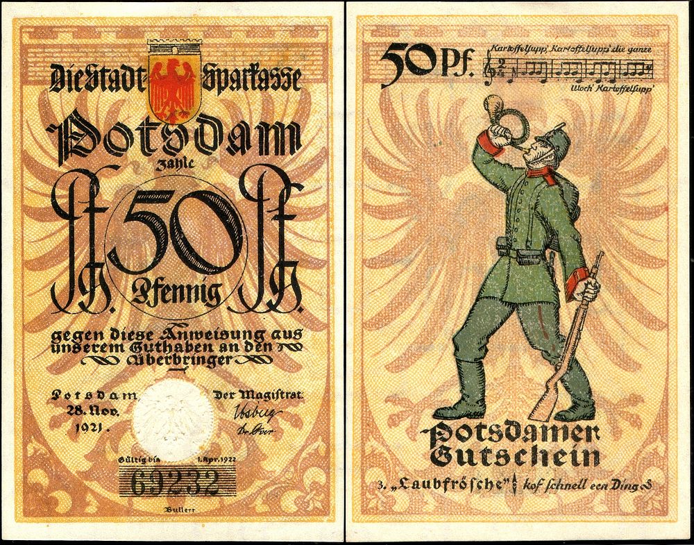50 Pfennig "Notgeld" banknote of Potsdam, RV: "Laubfrösche" (tree frogs), size: 96 mm x 65 mm.