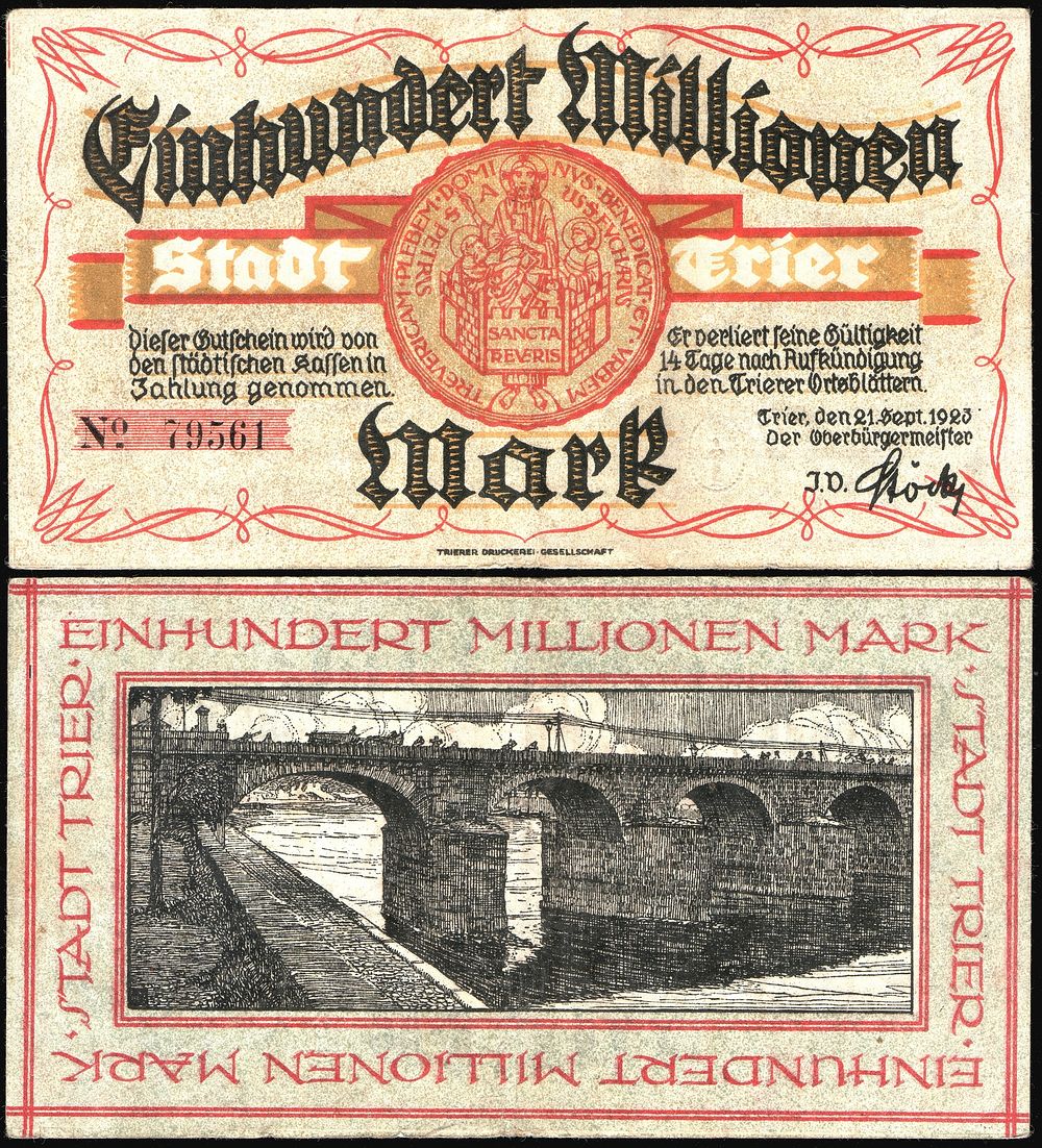 Notgeld banknote: 100 Million Mark (1923), Trier, design: Fritz Quant, RV: Roman Bridge in Trier, Germany, size:…