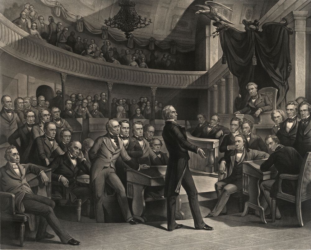 This engraving depicts the Golden Age of the United States Senate in the Old Senate Chamber, site of many of the…