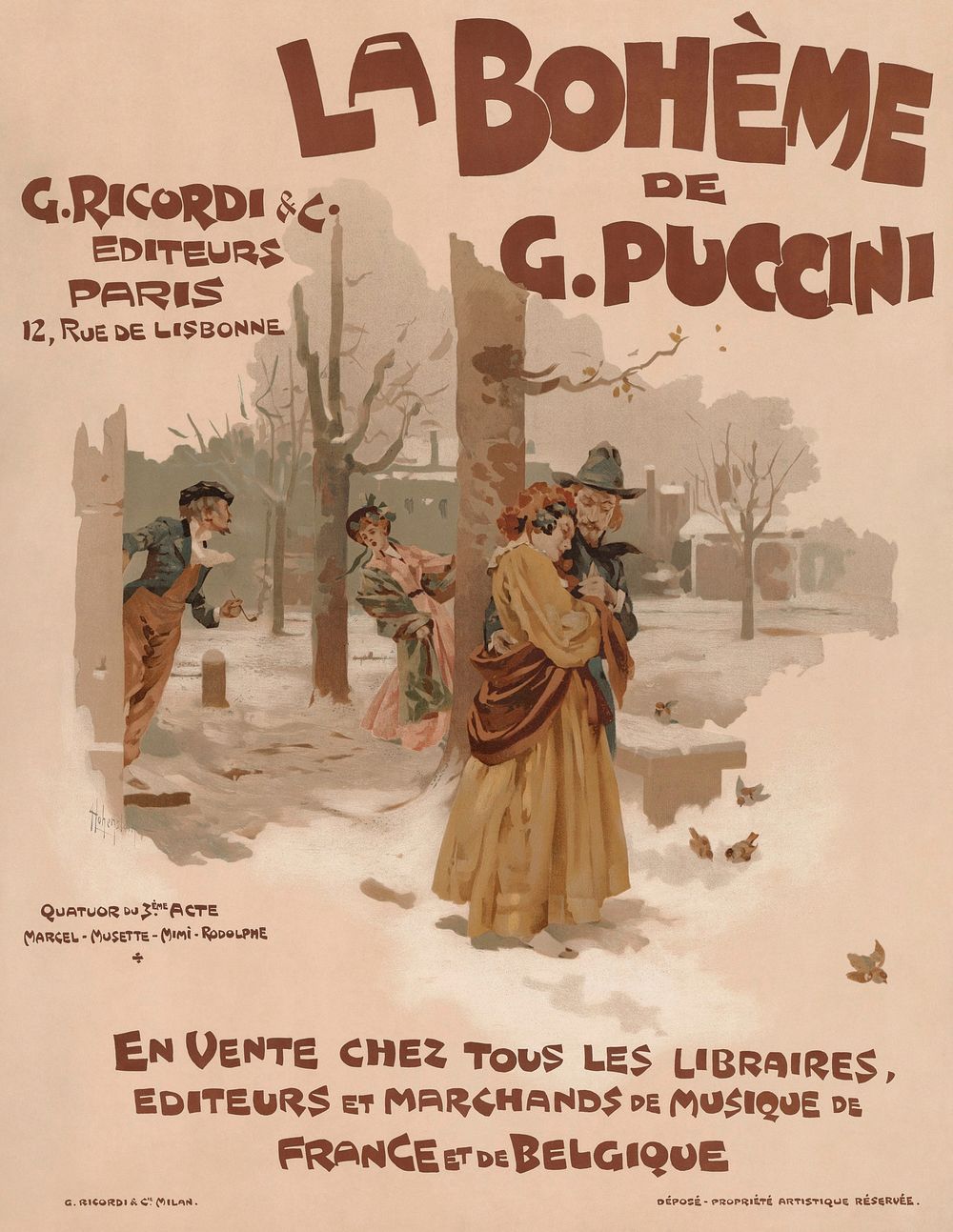 Advertisement for the music score of Giacomo Puccini's La bohème, showing the quartette in the third act between Marcello…