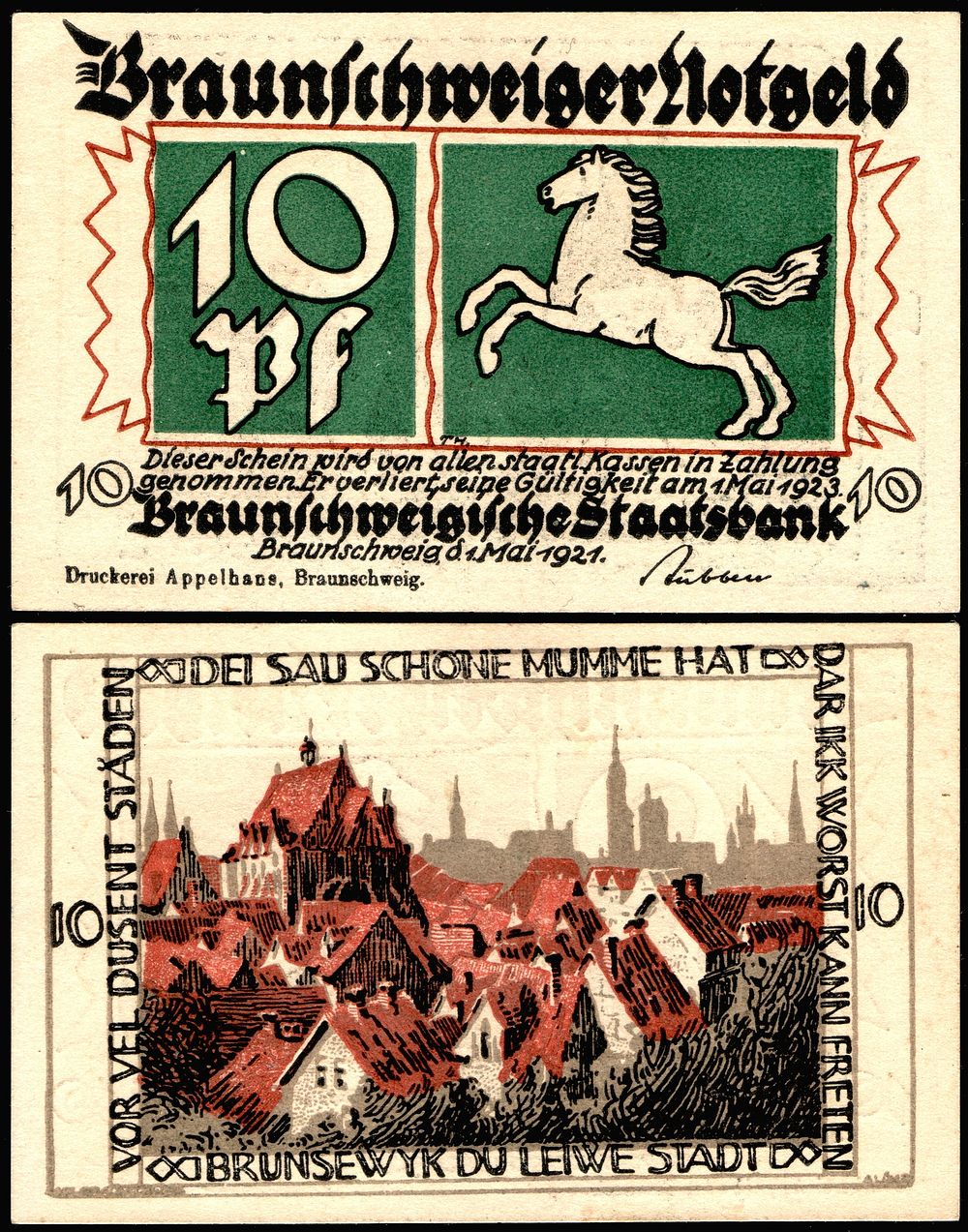 10 Pfennig Notgeld banknote of Braunschweig (1921), RV: townscape, size: 50 mm x 79 mm.
