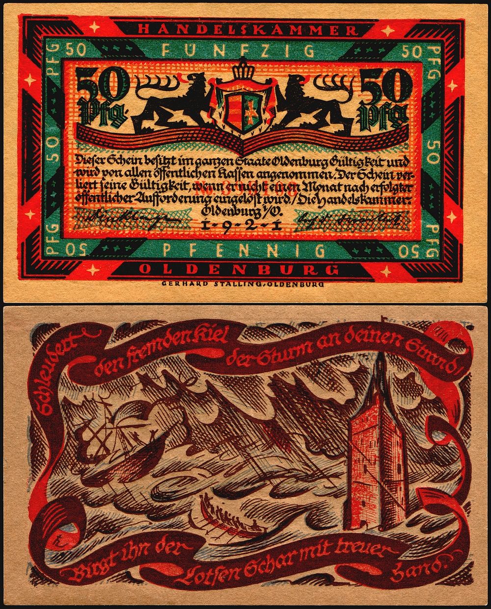 50 Pfennig "Notgeld" banknote of Oldenburg (city) (1921), RV: stormy seascape, size: 72 mm x 115 mm.