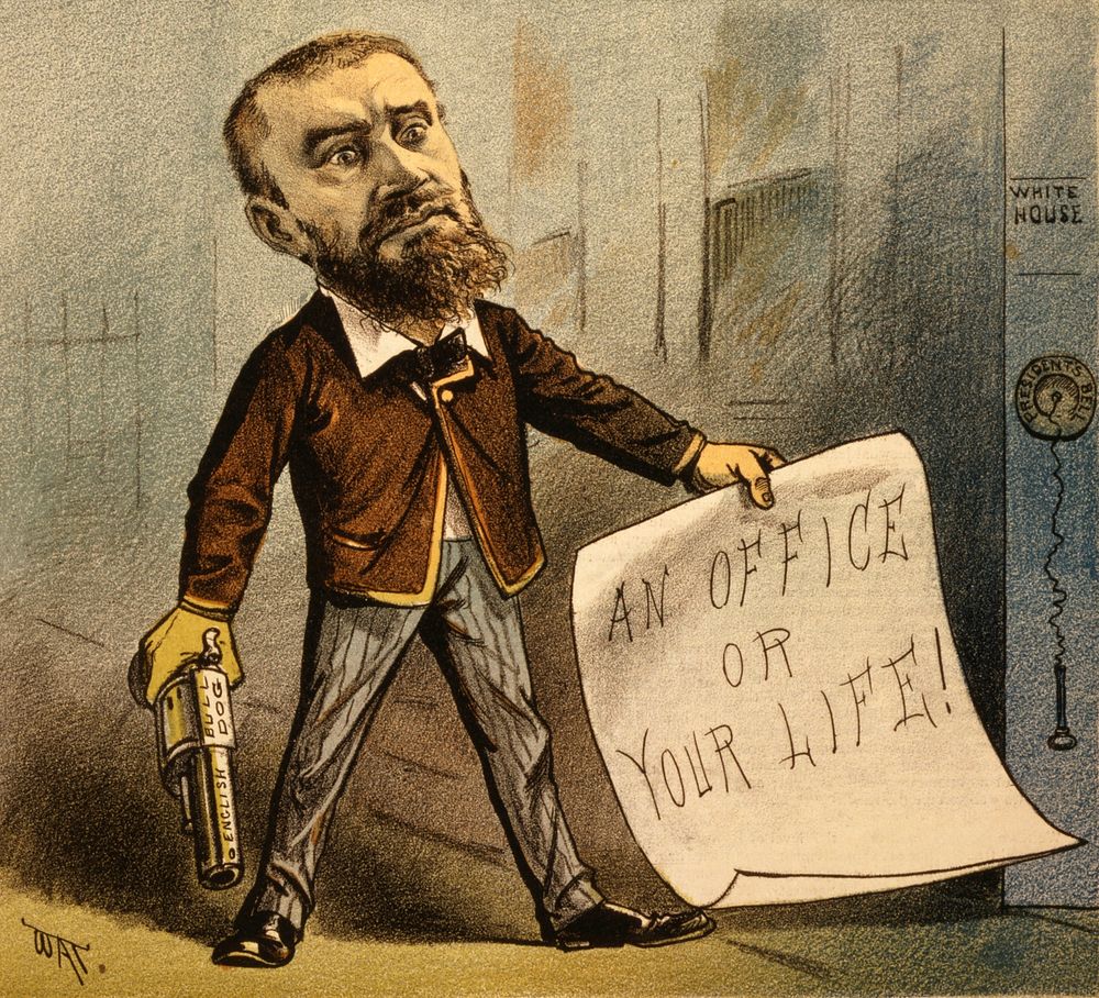 Political cartoon created for the cover of Puck Magazine on July 13, 1881. The cartoon shows Charles J. Guiteau with a gun…