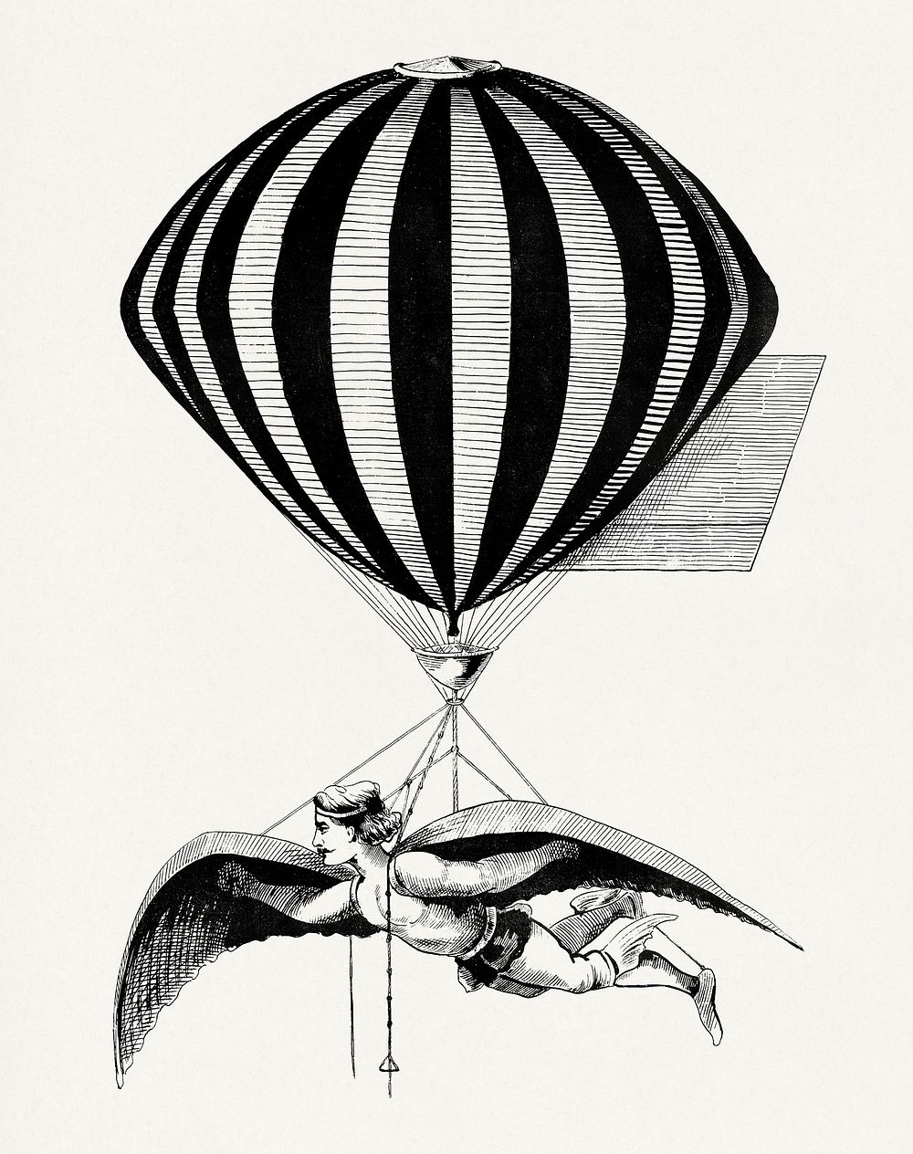 Aerialist wearing wings strapped to his shoulders and feet while suspended from a balloon (1870). Original from the Library…