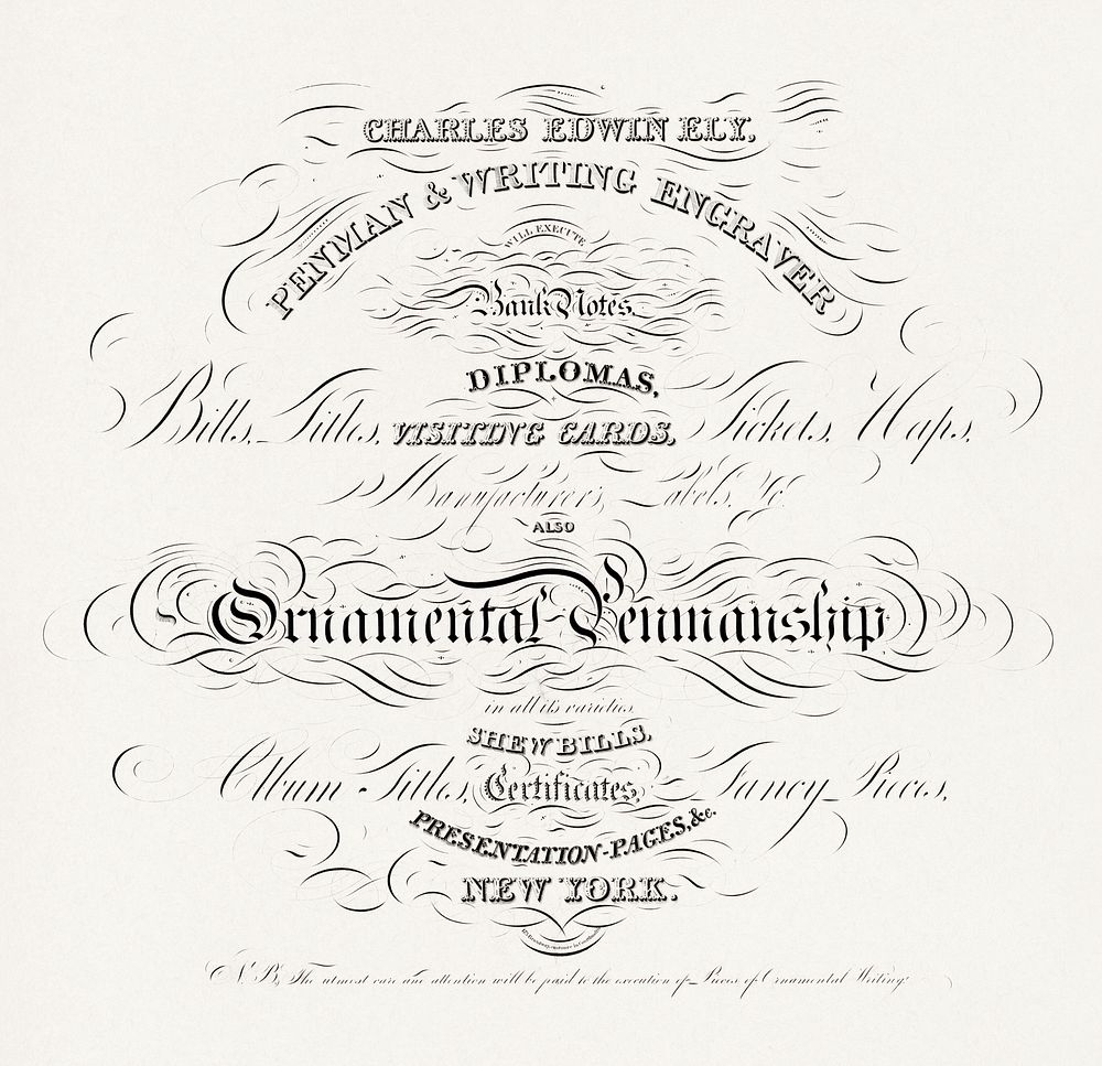 Charles Edwin Ely, penman & writing engraver will execute bank notes, diplomas. Original from the Library of Congress.…