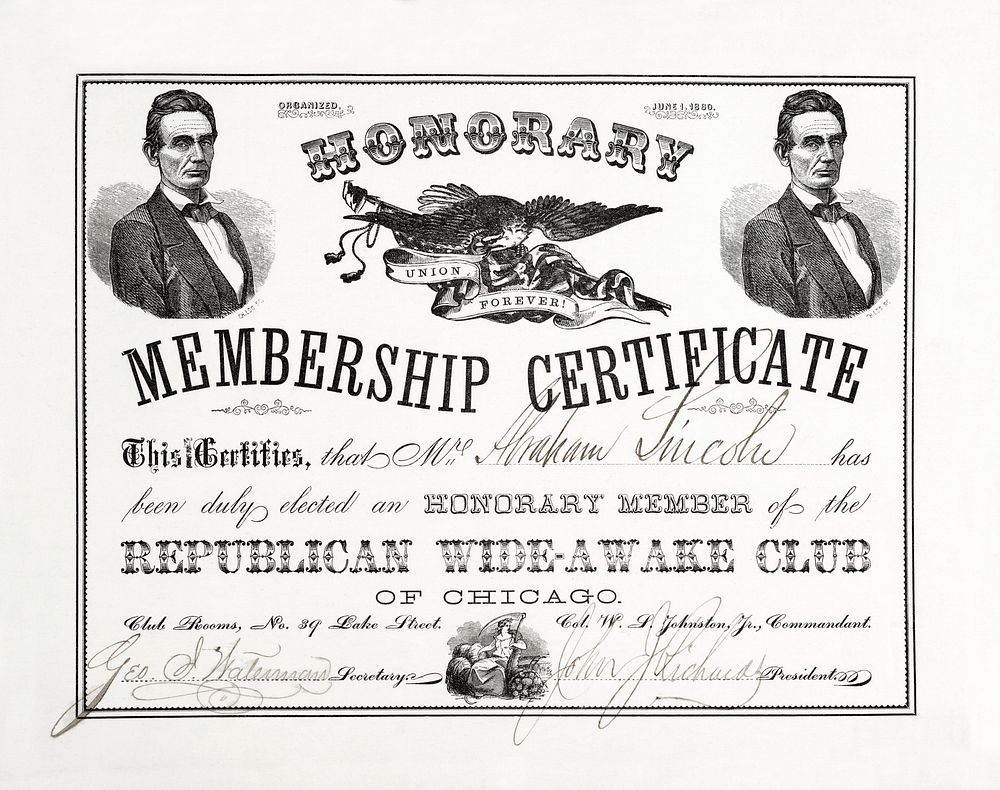 Certificate of membership, Abraham Lincoln papers (1833-1916). Original from the Library of Congress. Digitally enhanced by…