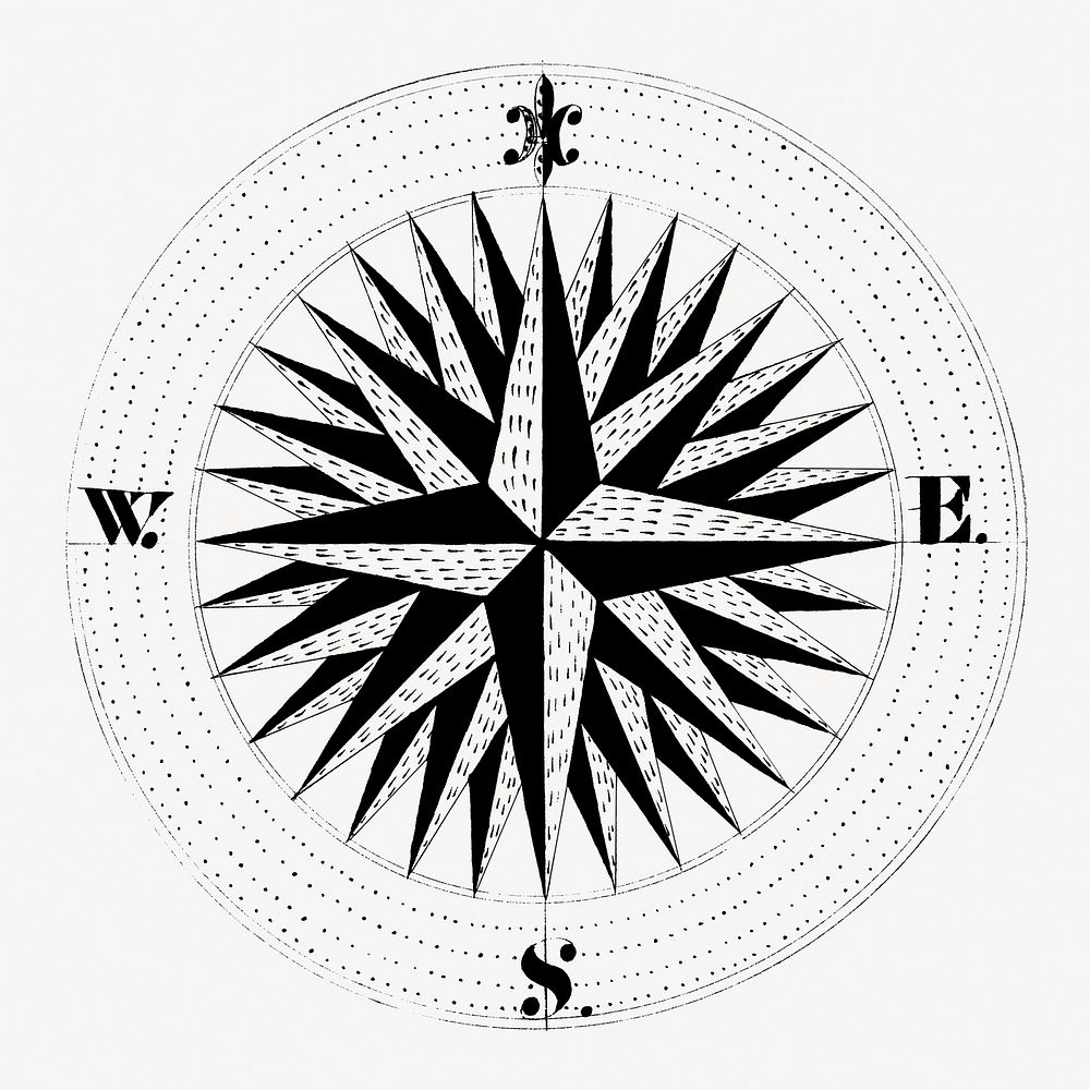 Vintage compass, black and white illustration psd