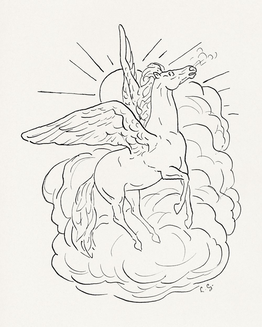 Pegasus flies in front of a cloud (1891&ndash;1941) drawing in high resolution by Leo Gestel. Original from The Rijksmuseum.…