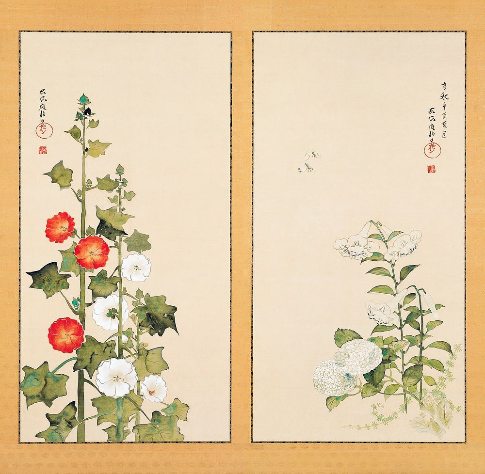 Japanese hydrangea and hollyhock flowers (1801) vintage painting by Sakai Hōitsu. Original public domain image from the…