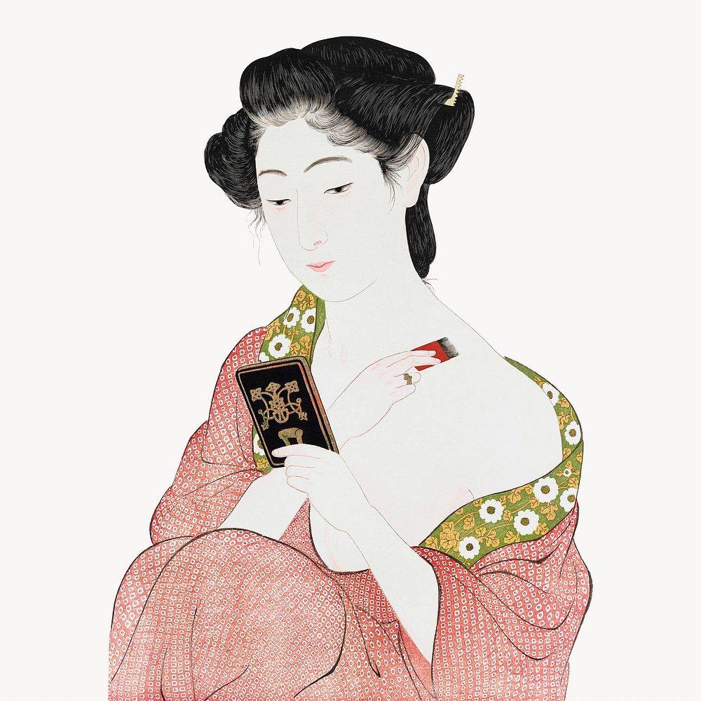 Japanese woman applying powder illustration. Remastered by rawpixel. 