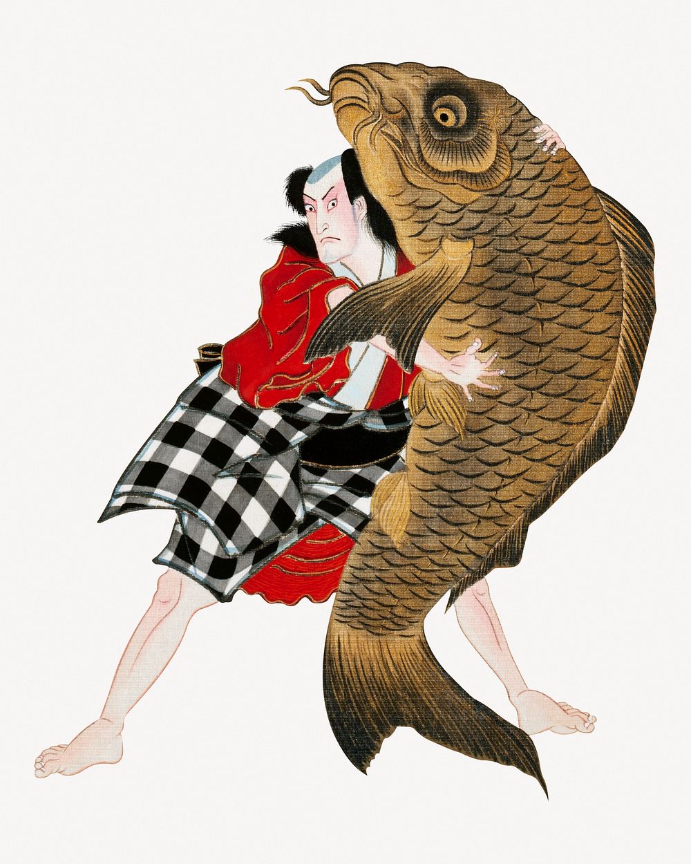 Shorakusai's man wrestling fish, Japanese illustration psd.  Remastered by rawpixel. 