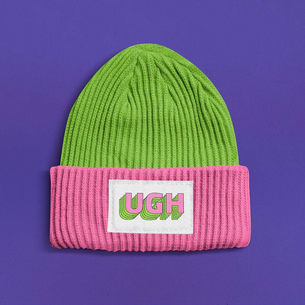 Label mockup psd on pink and green beanie winter accessories