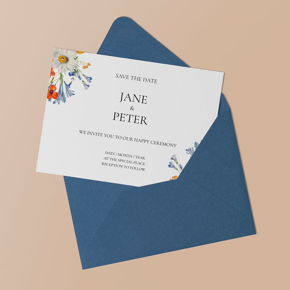 Wedding invitation card mockup psd, aesthetic floral design, blue envelope