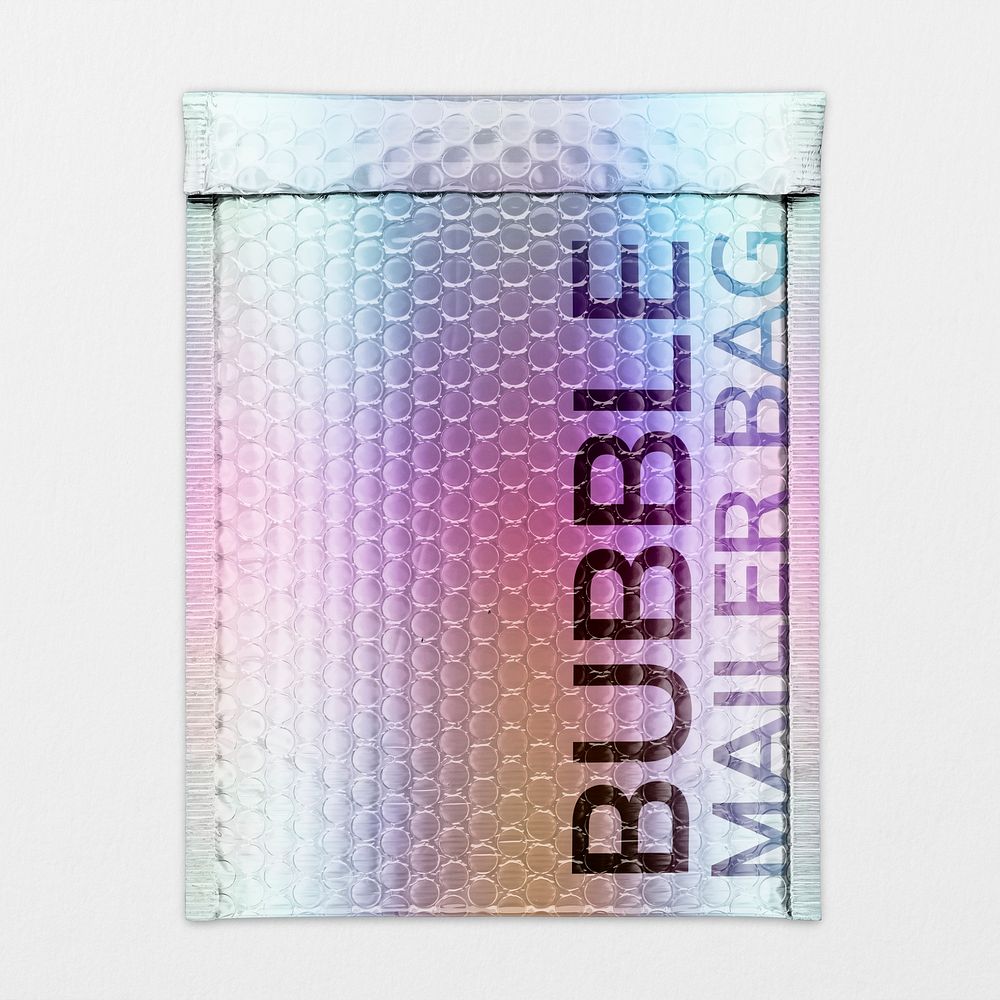 Bubble mailer mockup, iridescent shipping product packaging design psd