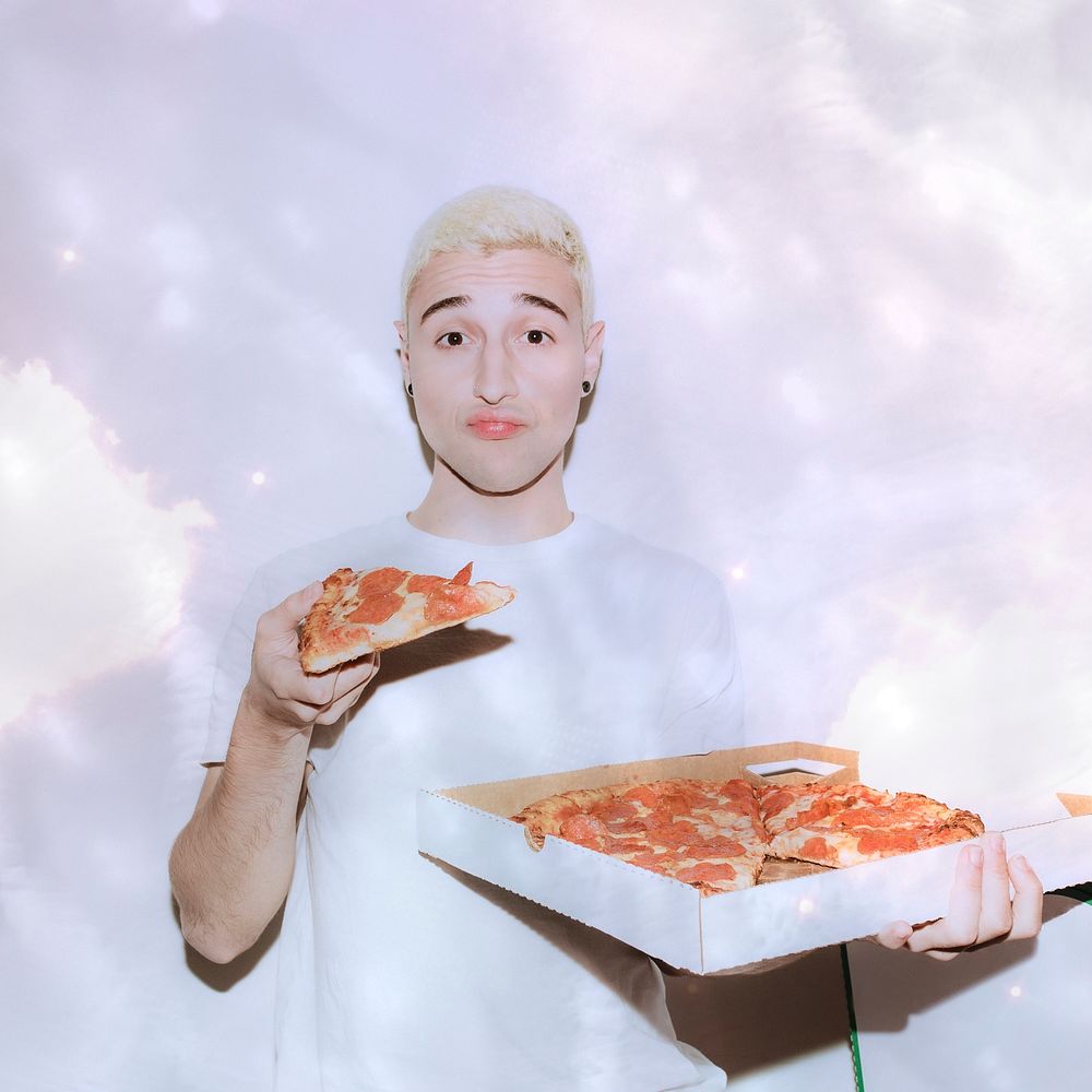 Man having a pepperoni pizza, aesthetic design