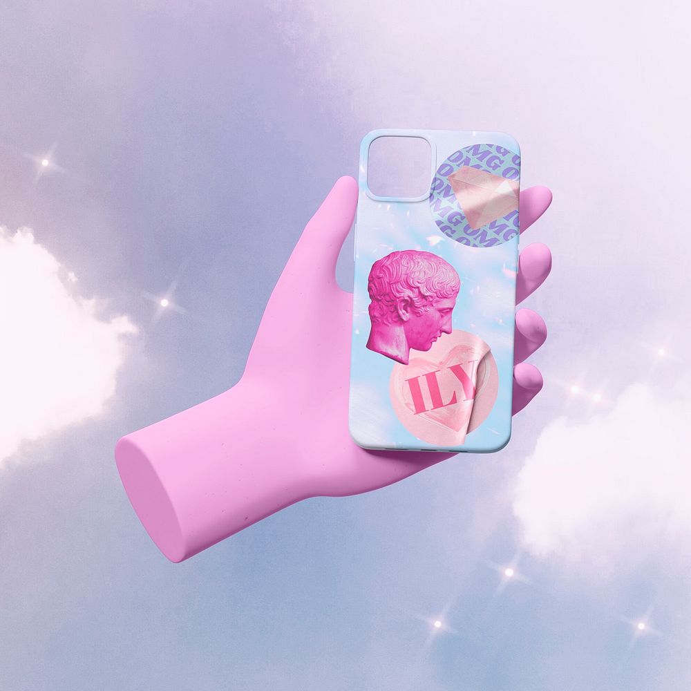Hand holding phone case, colorful 3D rendering design