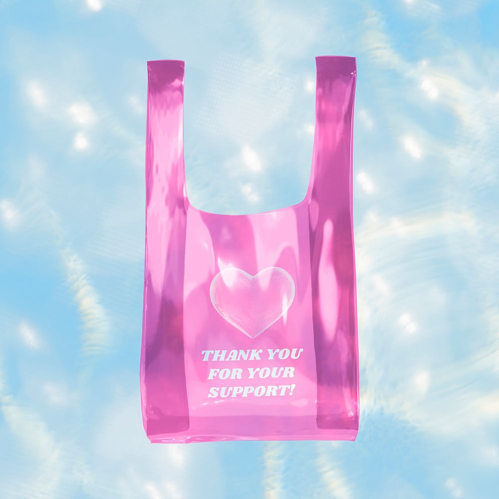 Pink plastic bag mockup, thank you text psd