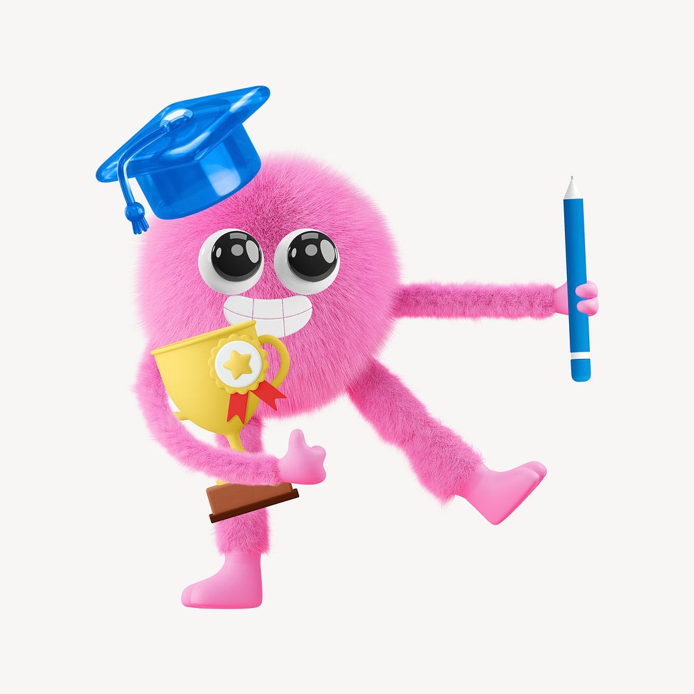 Cute monster graduation collage element, 3D rendering psd