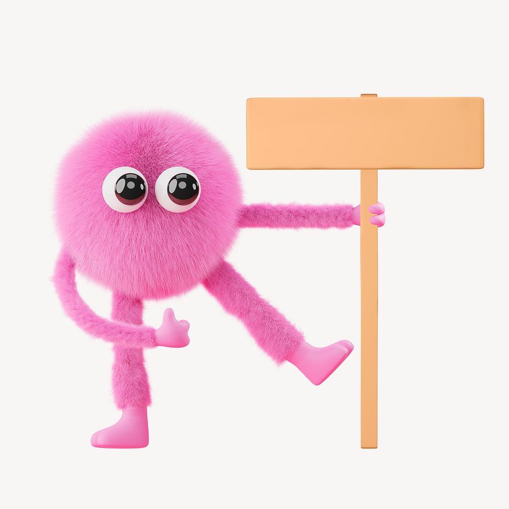 Cute monster holding sign collage element, 3D rendering psd