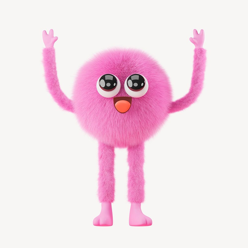 Cute fluffy monster collage element, 3D rendering psd