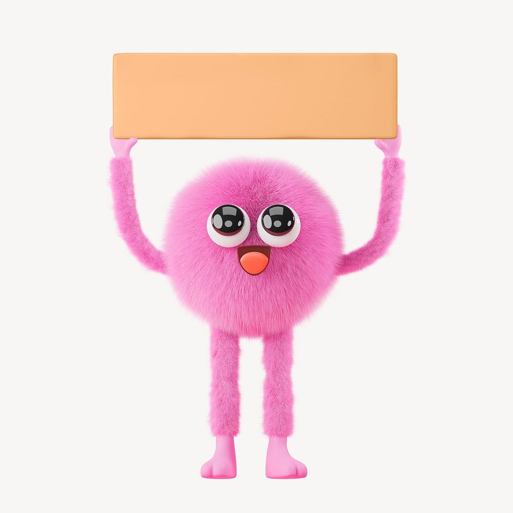 Cute monster holding sign collage element, 3D rendering psd