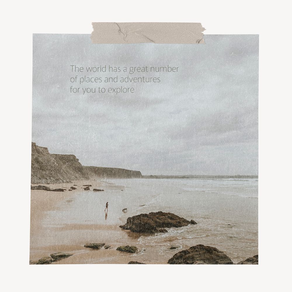 Inspirational travel quote card, beach photo