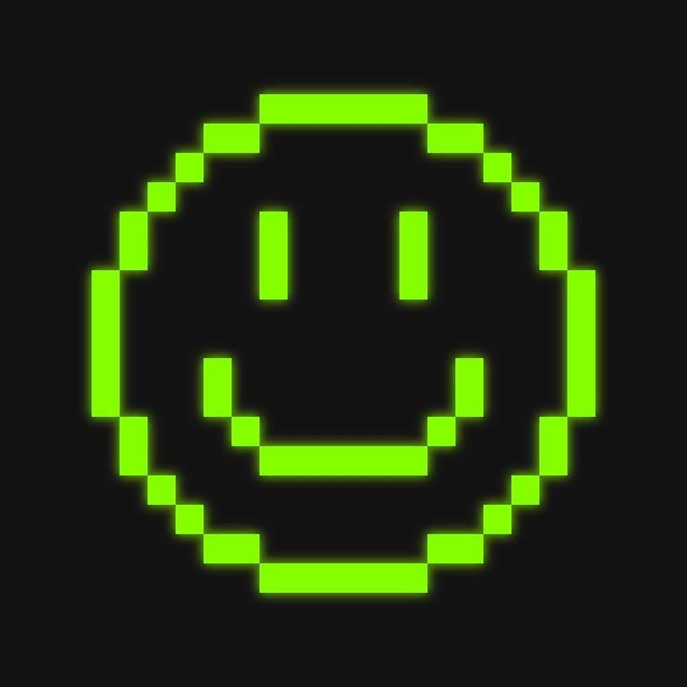 Smiling face emoticon, green neon vector